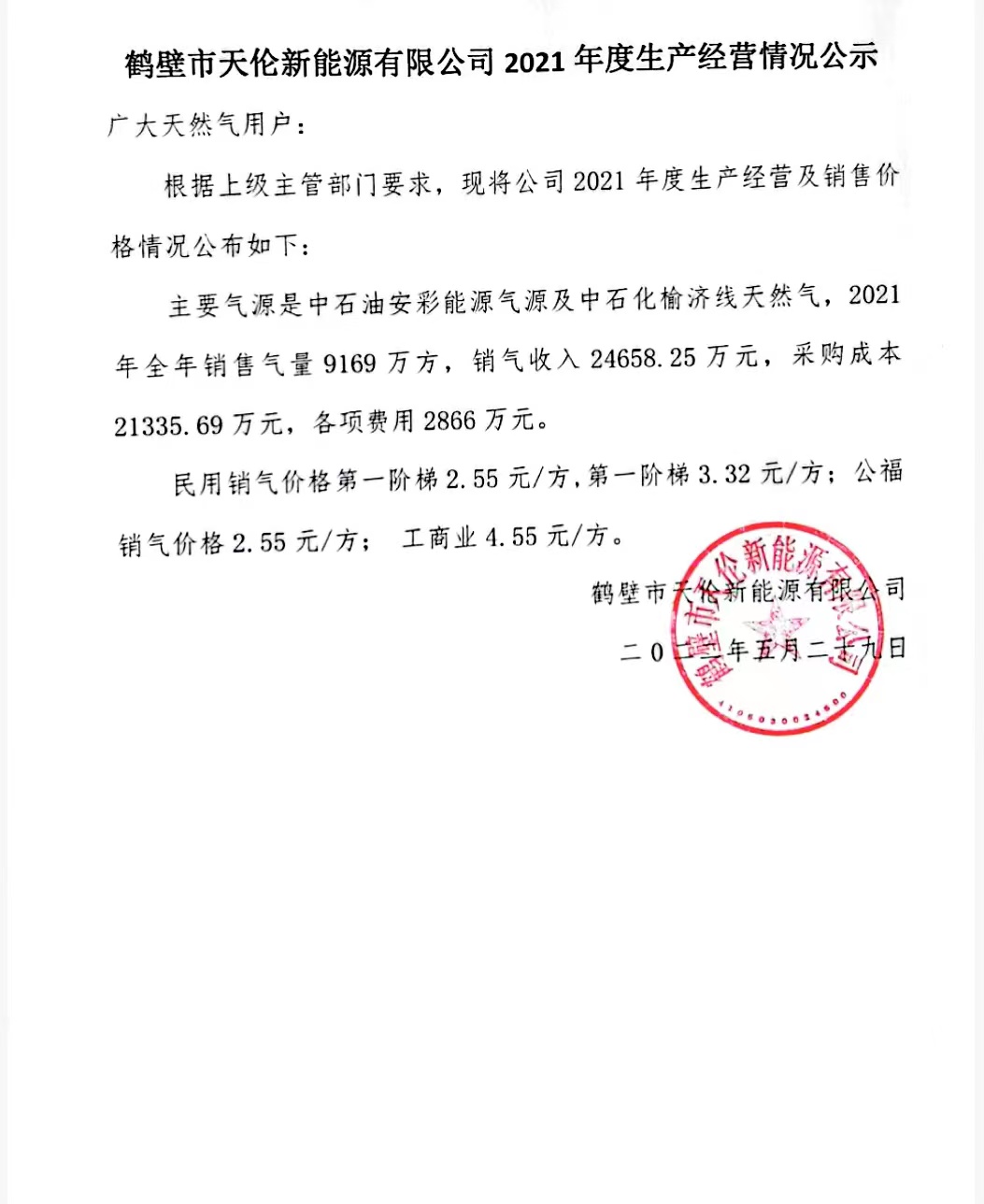 鹤壁市天伦新能源有限公司2021年度生产经营情况公示(图1)